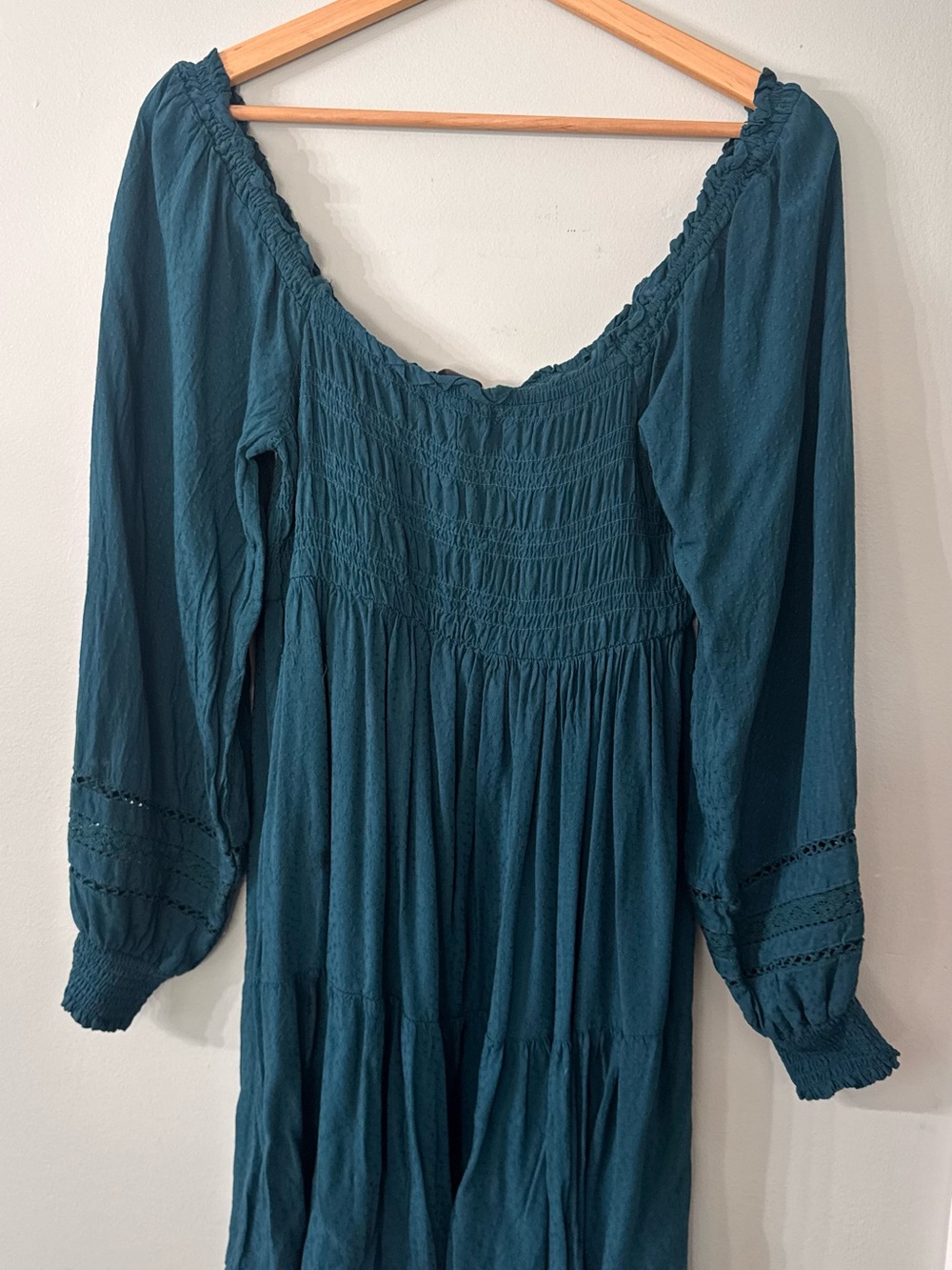 Oak & Trellis Teal Smocked Off-Shoulder Boho Mini Dress Size L